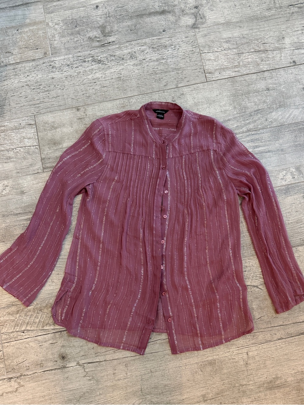 Moda International Boho Dusty Rose Button-Down Metallic Stripe Sheer Blouse Sz L